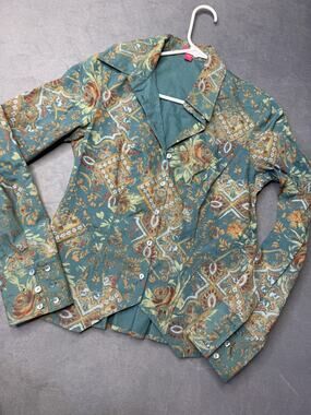 Eye Button Up Blouse Boho Floral Long Sleeve Smocked Back Cotton Size 6 Women's
